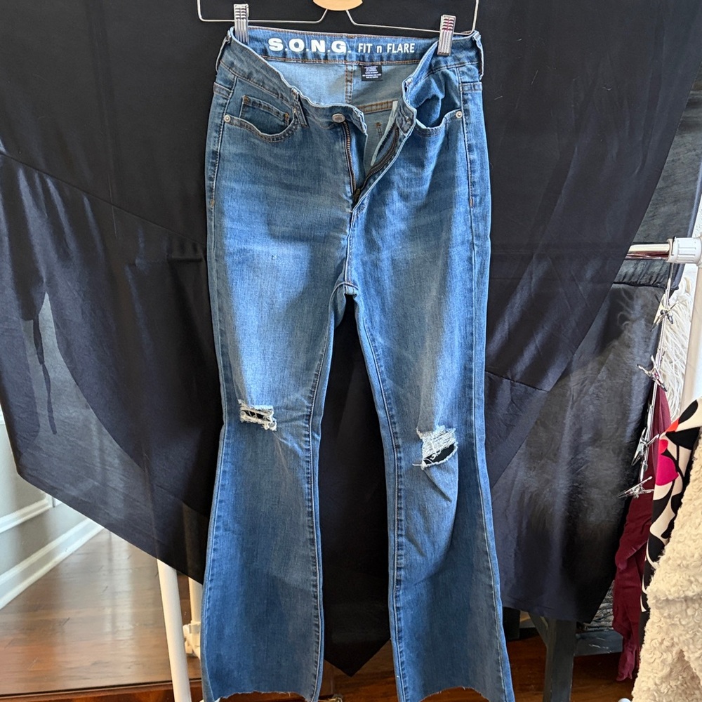 SONG Women's Distressed Blue Flare Jeans